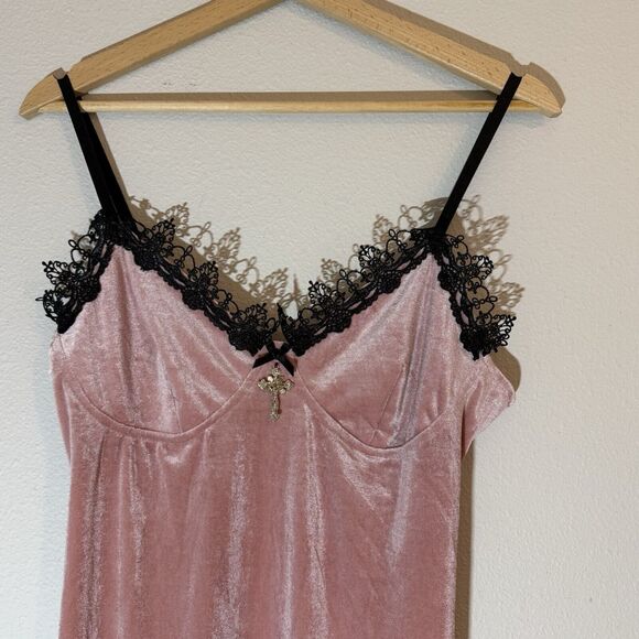 Y2K Slip Dress Women XL Pink Velour Lace Trim Babydoll Fairy Camisole Goth 90s - Picture 5 of 10